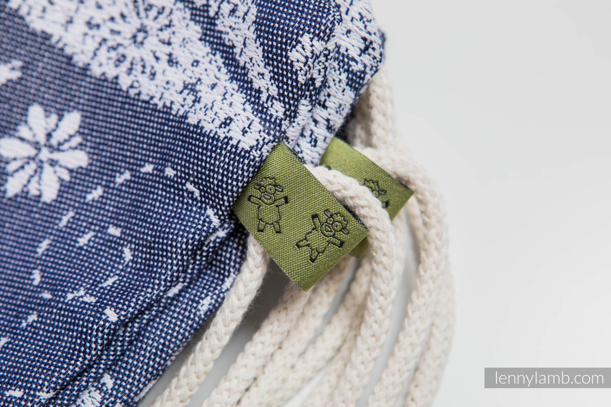 Sac à cordons en retailles d’écharpes (40 % bambou + 60 % coton) - DRAGONFLY WHITE & NAVY BLUE - taille standard 32 cm x 43 cm #babywearing
