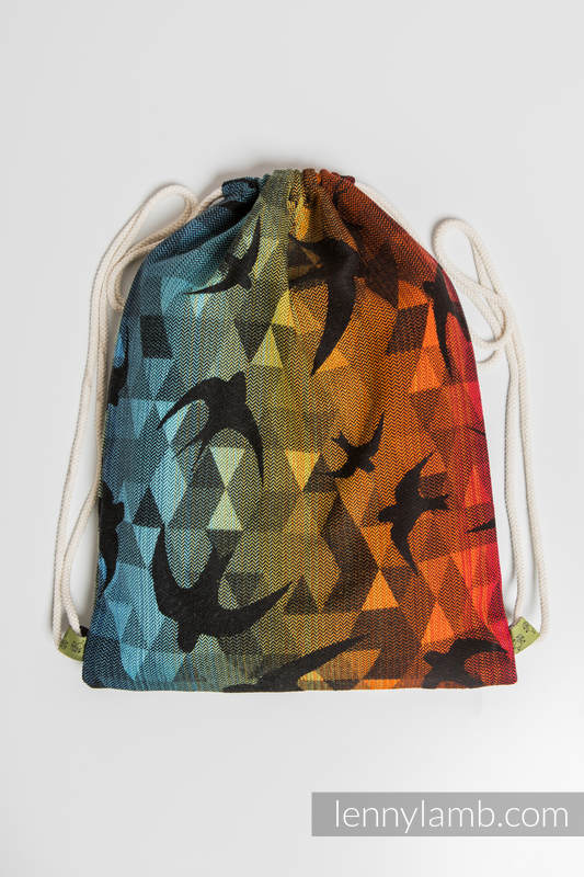Sackpack made of wrap fabric (100% cotton) - SWALLOWS RAINBOW DARK - standard size 32cmx43cm #babywearing
