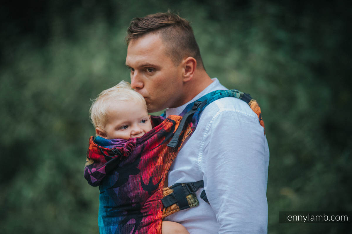 Ergonomic Carrier, Baby Size, jacquard weave 100% cotton - SWALLOWS RAINBOW DARK - Second Generation #babywearing