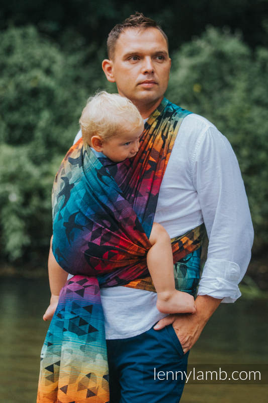 Żakardowa chusta do noszenia dzieci, bawełna - JASKÓŁKI TĘCZOWE DARK - rozmiar S #babywearing