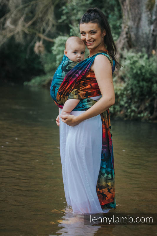 Baby Wrap, Jacquard Weave (100% cotton) - SWALLOWS RAINBOW DARK - size S #babywearing