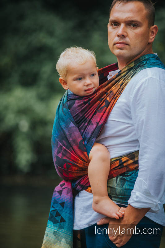 Żakardowa chusta do noszenia dzieci, bawełna - JASKÓŁKI TĘCZOWE DARK - rozmiar XL #babywearing