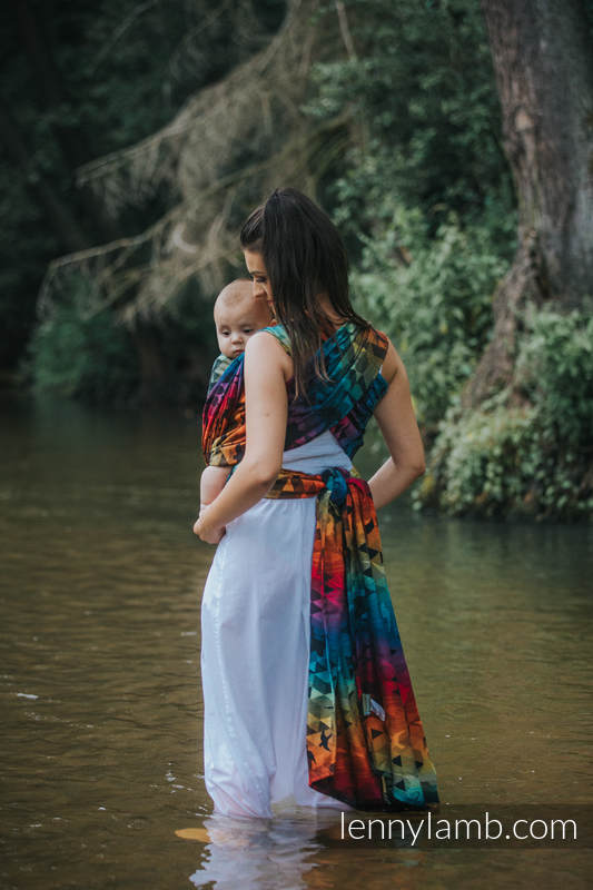 Żakardowa chusta do noszenia dzieci, bawełna - JASKÓŁKI TĘCZOWE DARK - rozmiar M (drugi gatunek) #babywearing
