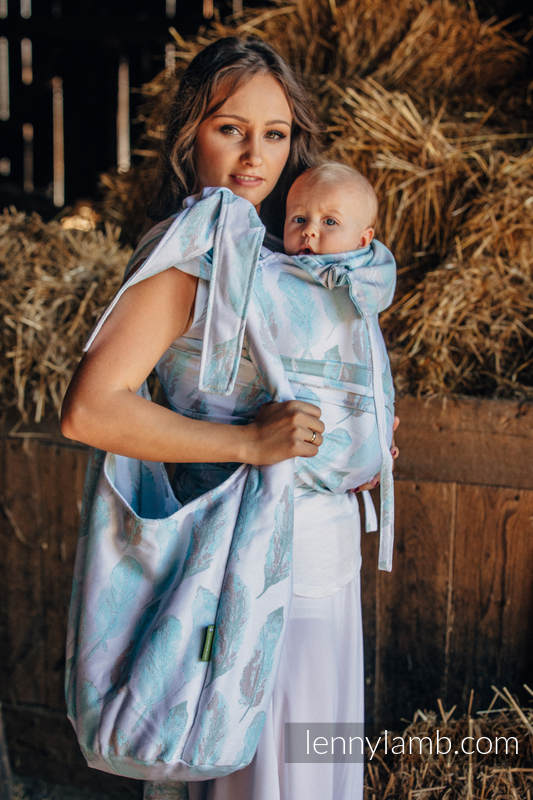Hobo Bag made of woven fabric, 100% cotton - PAINTED FEATHERS WHITE & TURQUOISE (grade B) #babywearing
