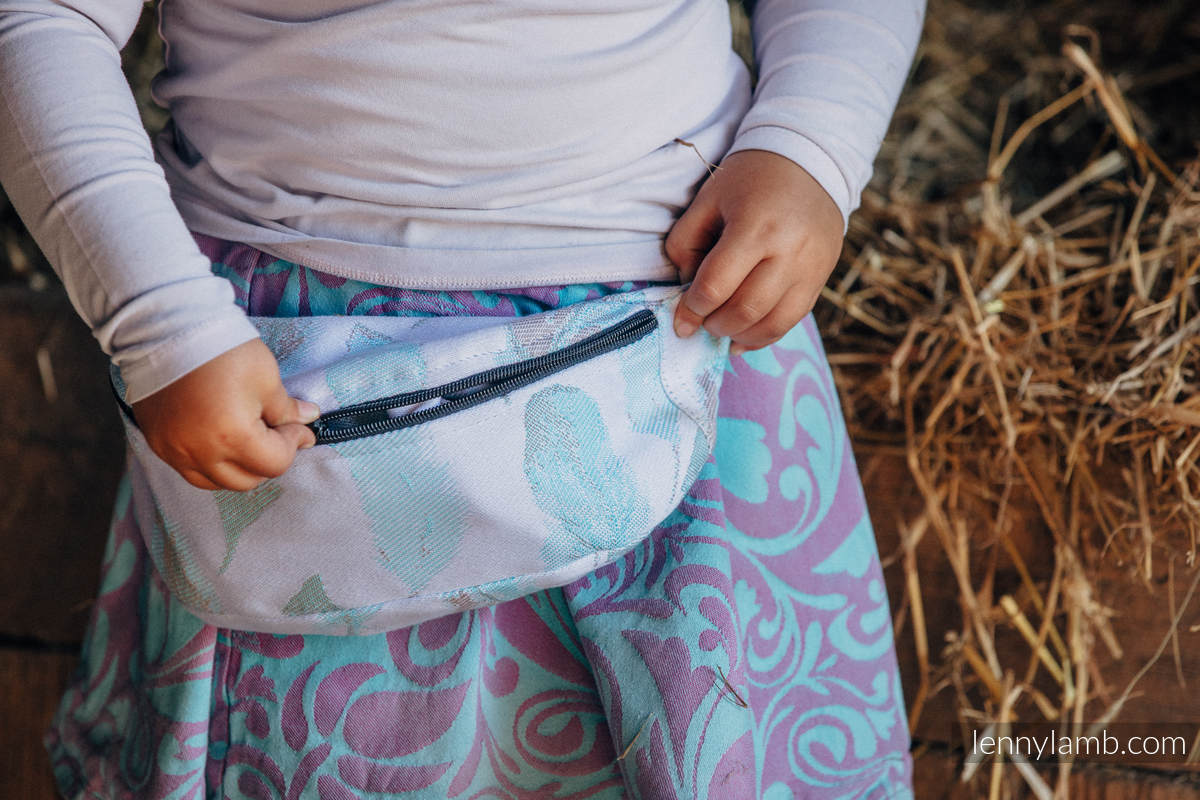 Waist Bag made of woven fabric, (100% cotton) - PAINTED FEATHERS WHITE & TURQUOISE #babywearing