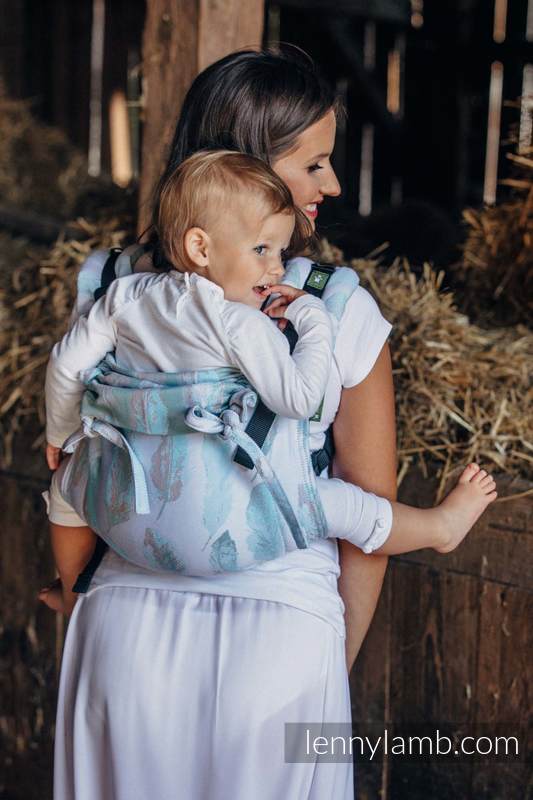 Lenny Buckle Onbuhimo baby carrier, standard size, jacquard weave (100% cotton) - PAINTED FEATHERS WHITE & TURQUOISE #babywearing