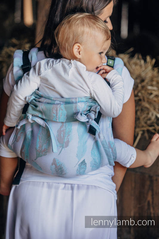 Nosidło Klamrowe ONBUHIMO z tkaniny żakardowej (100% bawełna), rozmiar Standard - MALOWANE PIÓRA BIEL Z TURKUSEM (drugi gatunek) #babywearing