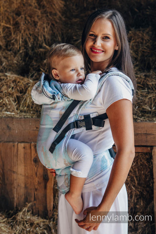 Ergonomic Carrier, Baby Size, jacquard weave 100% cotton - PAINTED FEATHERS WHITE & TURQUOISE - Second Generation (grade B) #babywearing