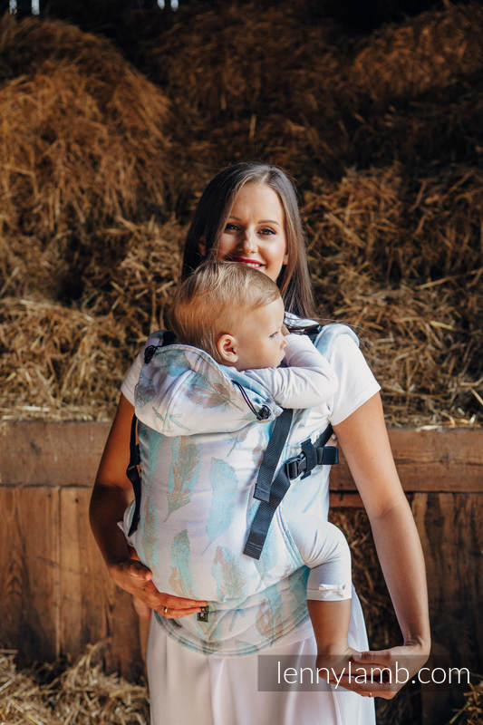 Ergonomic Carrier, Baby Size, jacquard weave 100% cotton - PAINTED FEATHERS WHITE & TURQUOISE - Second Generation (grade B) #babywearing