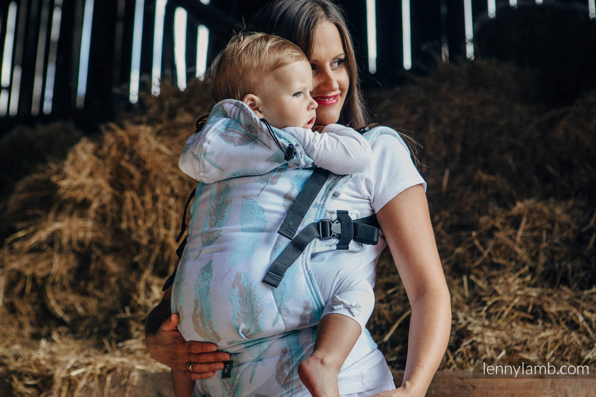 Ergonomic Carrier, Baby Size, jacquard weave 100% cotton - PAINTED FEATHERS WHITE & TURQUOISE - Second Generation #babywearing