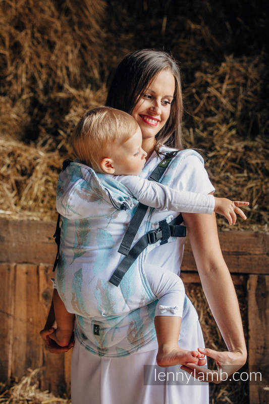 Nosidełko Ergonomiczne z tkaniny żakardowej 100% bawełna , Toddler Size, MALOWANE PIÓRA BIEL Z TURKUSEM - Druga Generacja (drugi gatunek) #babywearing