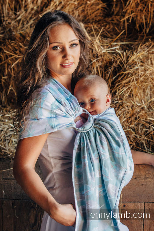 Ringsling, Jacquard Weave (100% cotton) - PAINTED FEATHERS WHITE & TURQUOISE - long 2.1m #babywearing