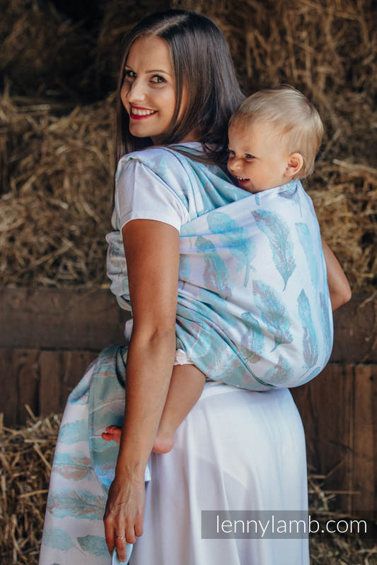 Baby Wrap, Jacquard Weave (100% cotton) - PAINTED FEATHERS WHITE & TURQUOISE - size L (grade B) #babywearing