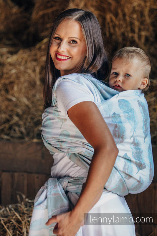 Żakardowa chusta do noszenia dzieci, bawełna - MALOWANE PIÓRA BIEL Z TURKUSEM - rozmiar XL (drugi gatunek) #babywearing