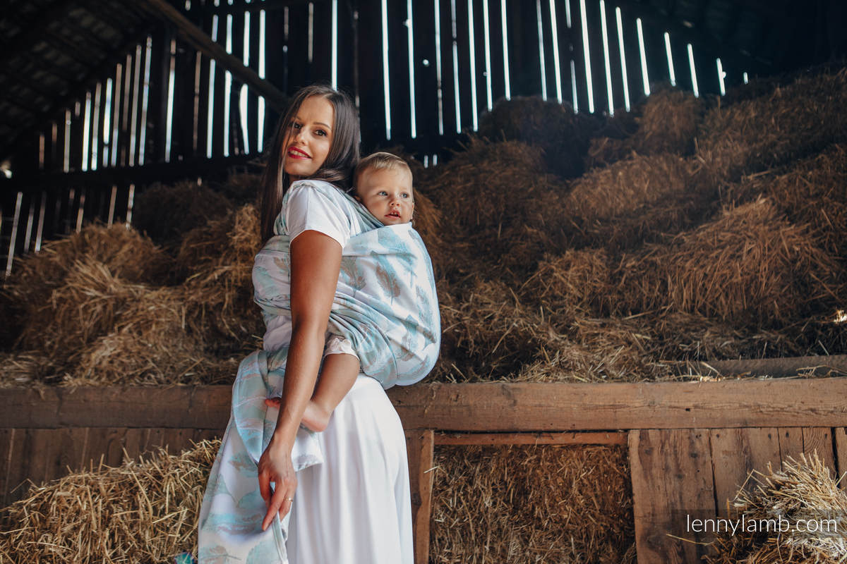Baby Wrap, Jacquard Weave (100% cotton) - PAINTED FEATHERS WHITE & TURQUOISE - size L #babywearing