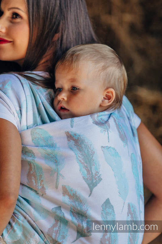 Baby Wrap, Jacquard Weave (100% cotton) - PAINTED FEATHERS WHITE & TURQUOISE - size XS #babywearing