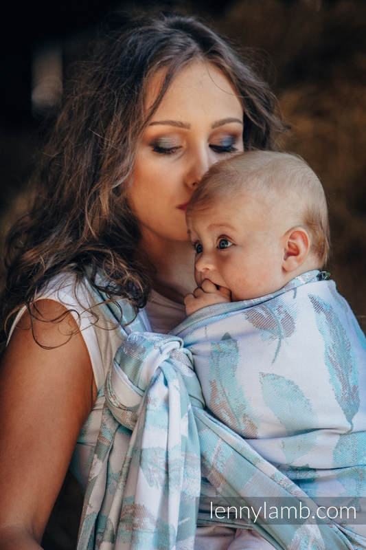 Żakardowa chusta do noszenia dzieci, bawełna - MALOWANE PIÓRA BIEL Z TURKUSEM - rozmiar M #babywearing