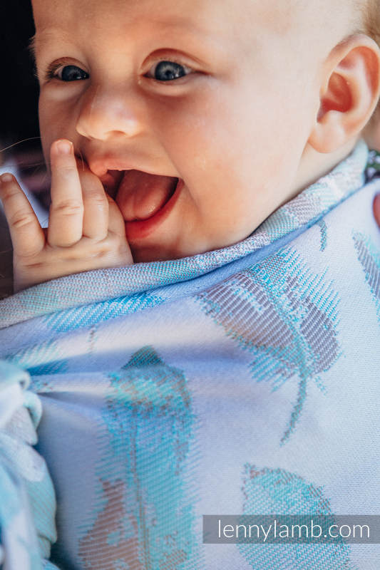 Baby Wrap, Jacquard Weave (100% cotton) - PAINTED FEATHERS WHITE & TURQUOISE - size XS #babywearing