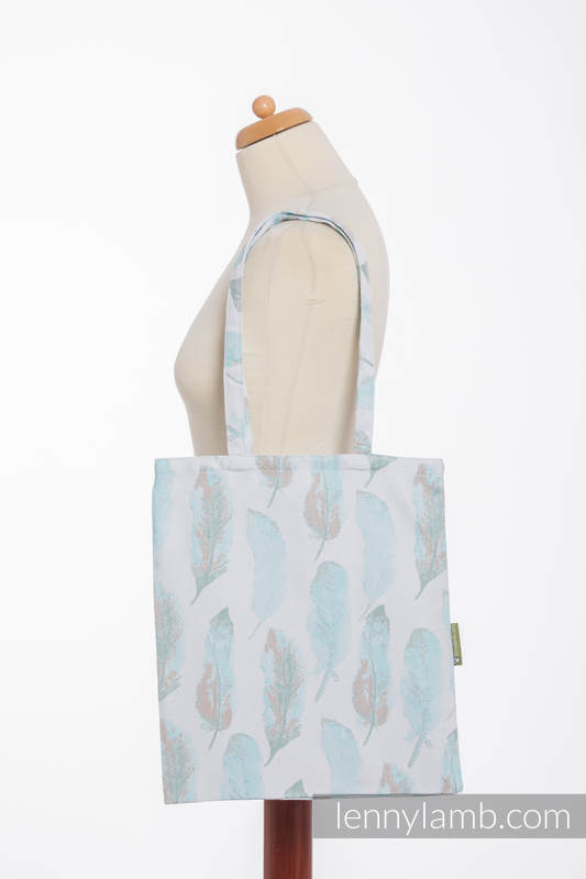 Einkaufstasche, hergestellt aus gewebtem Stoff (100% Baumwolle) - PAINTED FEATHERS WEIß & TÜRKIS (grad B) #babywearing