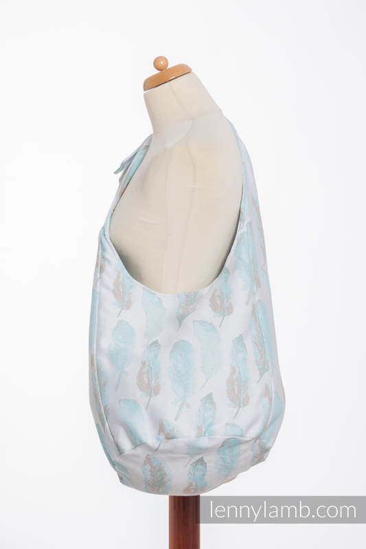 Torba Hobo z materiału chustowego, (100% bawełna) - MALOWANE PIÓRA BIEL Z TURKUSEM #babywearing