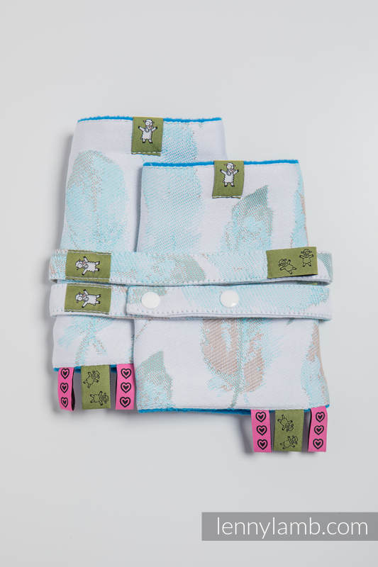 Drool Pads & Reach Straps Set, (60% cotton, 40% polyester) - PAINTED FEATHERS WHITE & TURQUOISE #babywearing