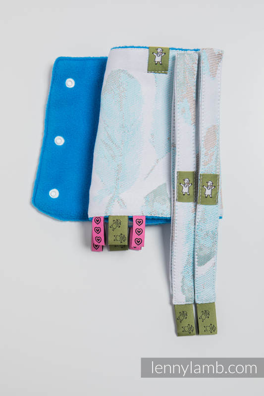 Drool Pads & Reach Straps Set, (60% cotton, 40% polyester) - PAINTED FEATHERS WHITE & TURQUOISE #babywearing