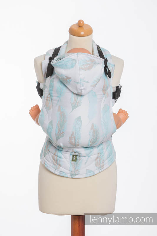 Ergonomic Carrier, Baby Size, jacquard weave 100% cotton - PAINTED FEATHERS WHITE & TURQUOISE - Second Generation #babywearing