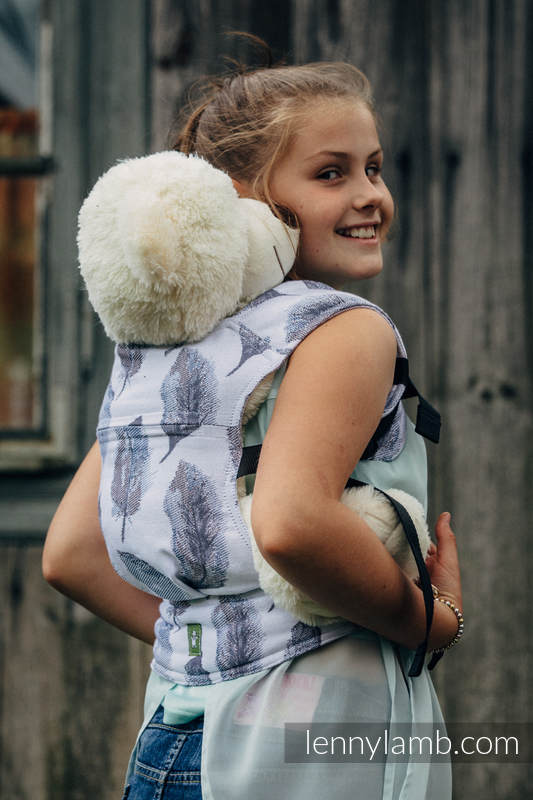 Doll Carrier made of woven fabric, 100% cotton - PAINTED FEATHERS WHITE & NAVY BLUE  #babywearing