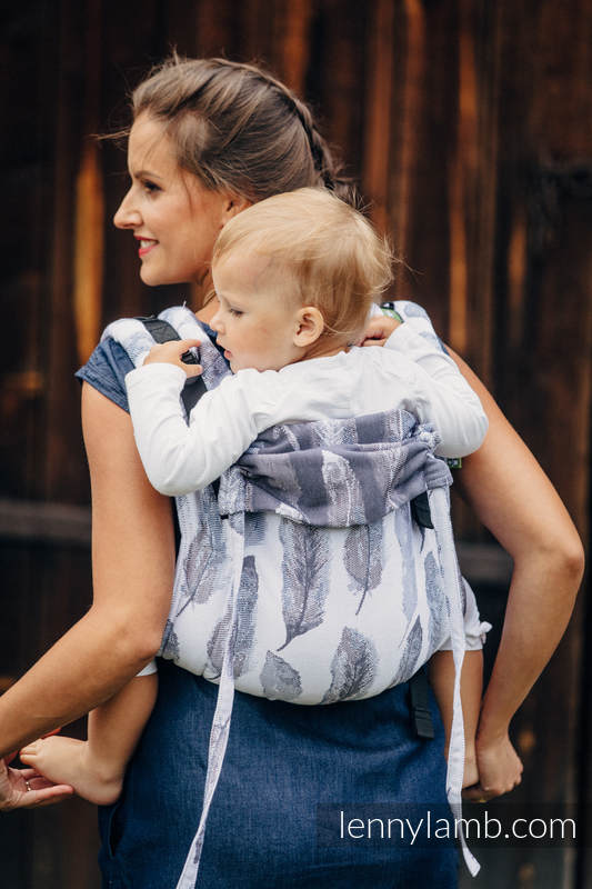 Lenny Buckle Onbuhimo baby carrier, standard size, jacquard weave (100% cotton) - PAINTED FEATHERS WHITE & NAVY BLUE (grade B) #babywearing