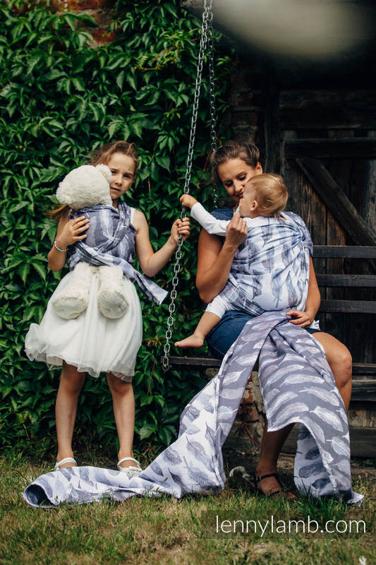 Żakardowa chusta do noszenia dzieci, bawełna - MALOWANE PIÓRA BIEL Z GRANATEM - rozmiar XS (drugi gatunek) #babywearing
