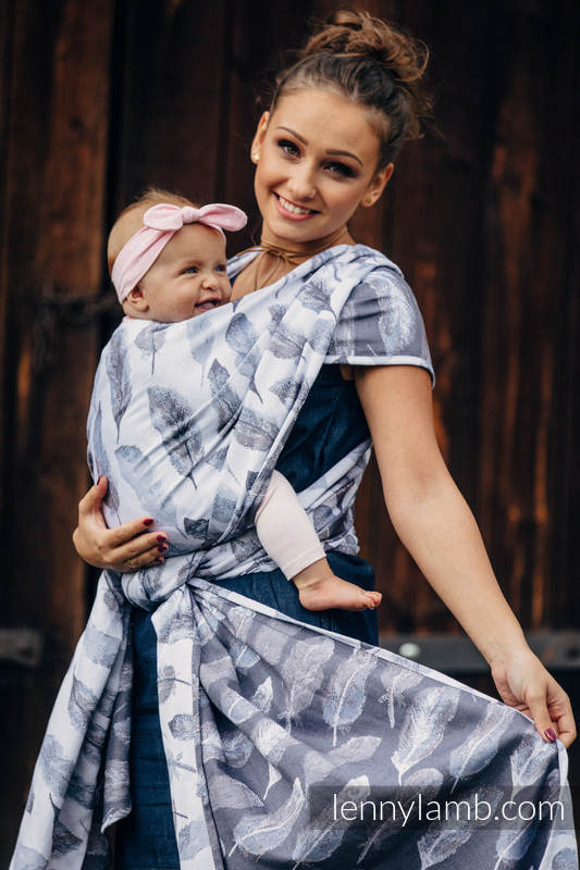 Baby Wrap, Jacquard Weave (100% cotton) - PAINTED FEATHERS WHITE & NAVY BLUE - size S #babywearing
