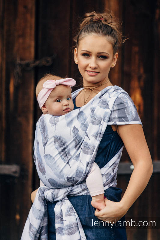 Żakardowa chusta do noszenia dzieci, bawełna - MALOWANE PIÓRA BIEL Z GRANATEM - rozmiar XS #babywearing