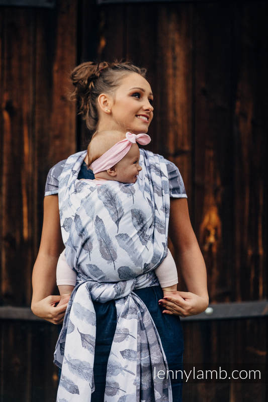 Baby Wrap, Jacquard Weave (100% cotton) - PAINTED FEATHERS WHITE & NAVY BLUE - size L #babywearing