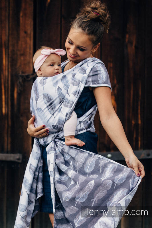 Żakardowa chusta do noszenia dzieci, bawełna - MALOWANE PIÓRA BIEL Z GRANATEM - rozmiar M #babywearing