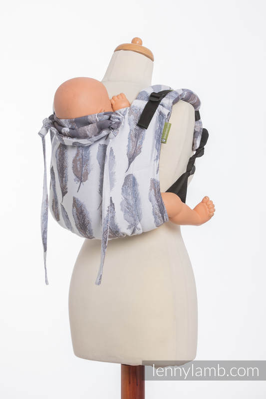 Nosidło Klamrowe ONBUHIMO z tkaniny żakardowej (100% bawełna), rozmiar Standard - MALOWANE PIÓRA BIEL Z GRANATEM (drugi gatunek) #babywearing