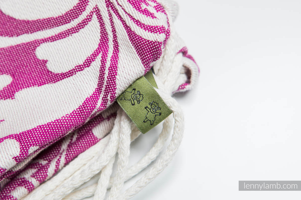 Mochila portaobjetos hecha de tejido de fular (100% algodón) - TWISTED LEAVES CREAM & MORADO - talla estándar 32cmx43cm (grado B) #babywearing