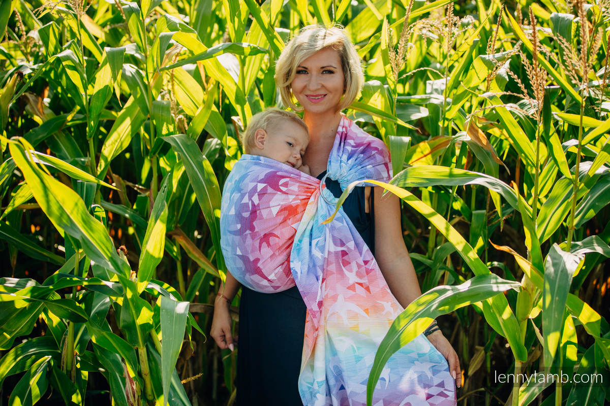 Żakardowa chusta kółkowa do noszenia dzieci, bawełna - JASKÓŁKI TĘCZOWE LIGHT - long 2.1m #babywearing