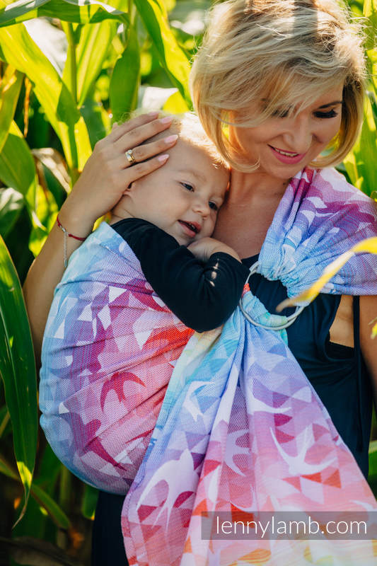 Żakardowa chusta kółkowa do noszenia dzieci, bawełna, ramię bez zakładek - JASKÓŁKI TĘCZOWE LIGHT  - long 2.1m #babywearing