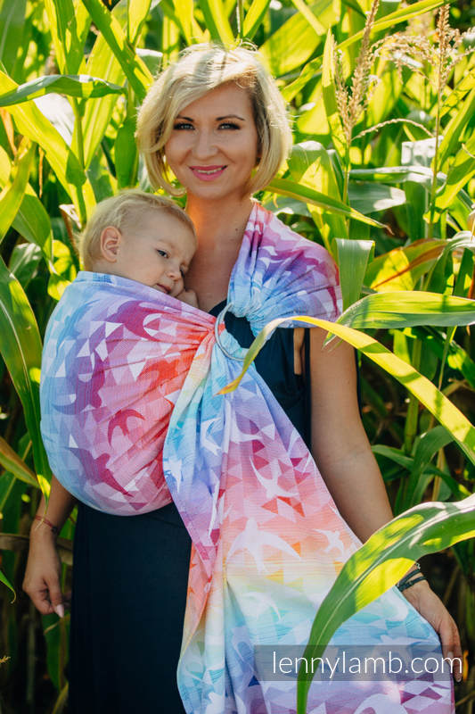 Żakardowa chusta kółkowa do noszenia dzieci, bawełna, ramię bez zakładek - JASKÓŁKI TĘCZOWE LIGHT  - standard 1.8m #babywearing