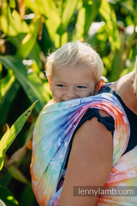 Żakardowa chusta do noszenia dzieci, bawełna - JASKÓŁKI TĘCZOWE LIGHT - rozmiar M (drugi gatunek) #babywearing