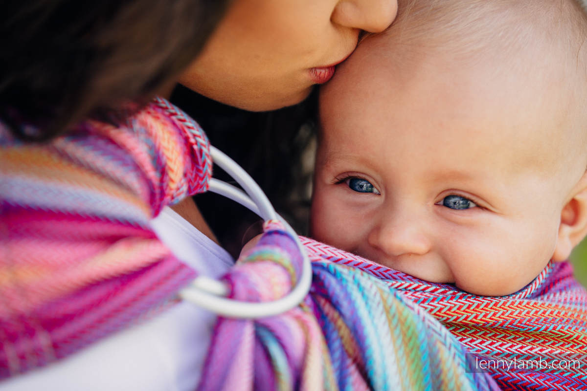 Chusta kółkowa do noszenia dzieci, tkana splotem jodełkowym, bawełna, ramię bez zakładek - MAŁA JODEŁKA MALINOWY OGRÓD  - long 2.1m #babywearing