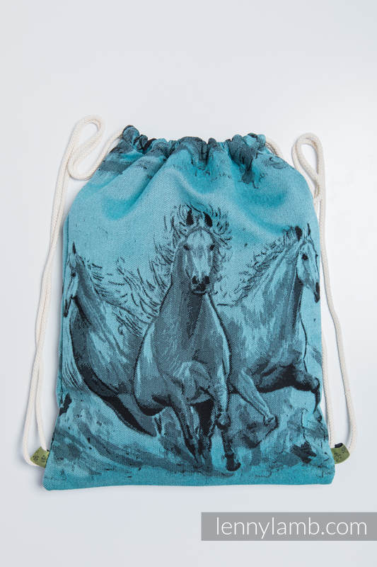 Mochila portaobjetos hecha de tejido de fular (100% algodón) - GALLOP NEGRO & TURQUESA - talla estándar 32cmx43cm #babywearing