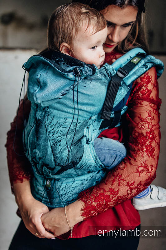Nosidełko Ergonomiczne z tkaniny żakardowej 100% bawełna , Baby Size, GALOP CZARNY Z TURKUSEM - Druga Generacja #babywearing