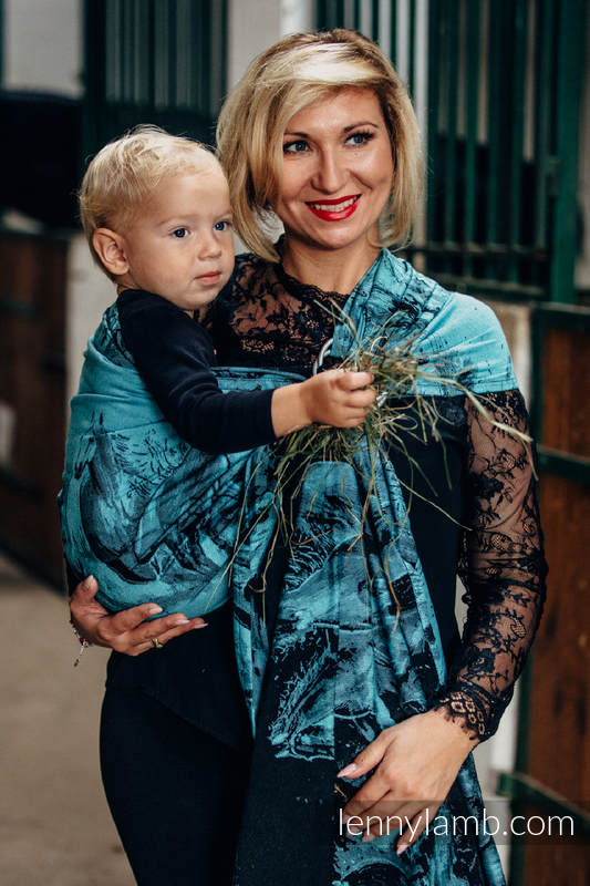 Żakardowa chusta kółkowa do noszenia dzieci, bawełna - GALOP CZARNY Z TURKUSEM - long 2.1m (drugi gatunek) #babywearing