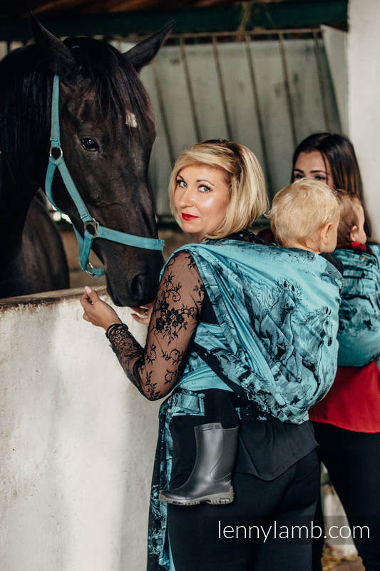 Żakardowa chusta do noszenia dzieci, bawełna - GALOP CZARNY Z TURKUSEM - rozmiar M (drugi gatunek) #babywearing