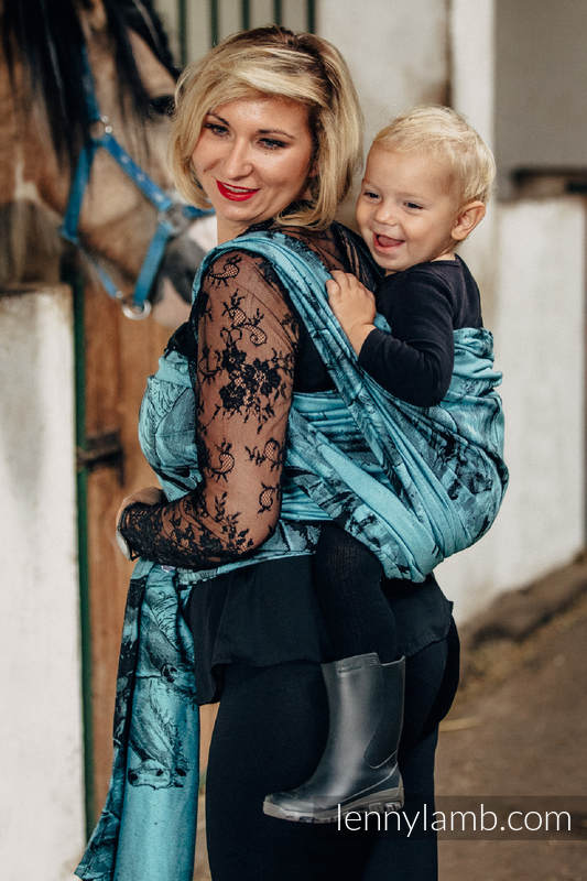 Żakardowa chusta do noszenia dzieci, bawełna - GALOP CZARNY Z TURKUSEM - rozmiar M #babywearing