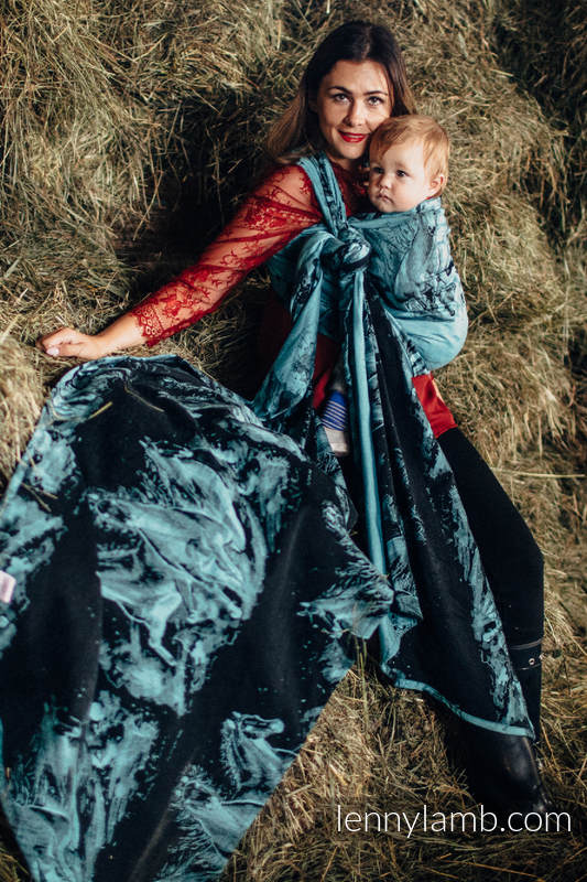 Żakardowa chusta do noszenia dzieci, bawełna - GALOP CZARNY Z TURKUSEM - rozmiar S #babywearing