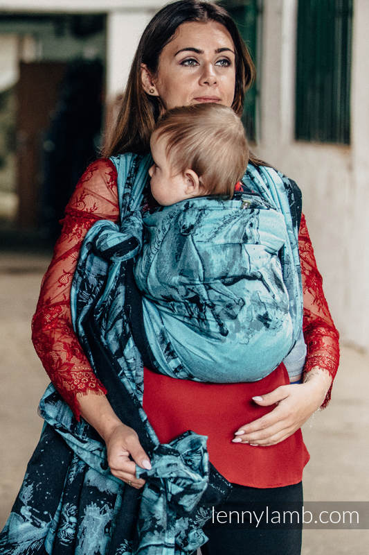 Żakardowa chusta do noszenia dzieci, bawełna - GALOP CZARNY Z TURKUSEM - rozmiar L (drugi gatunek) #babywearing