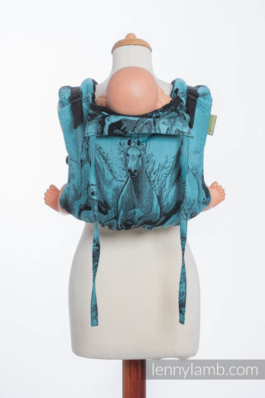Nosidło Klamrowe ONBUHIMO z tkaniny żakardowej (100% bawełna), rozmiar Standard - GALOP CZARNY Z TURKUSEM #babywearing