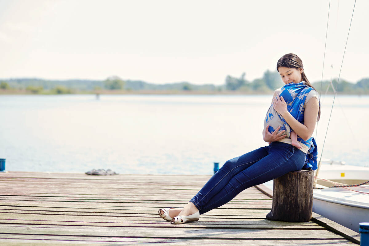 Żakardowa chusta do noszenia dzieci, bawełna - Safari Niebiesko-Beżowe - rozmiar L #babywearing